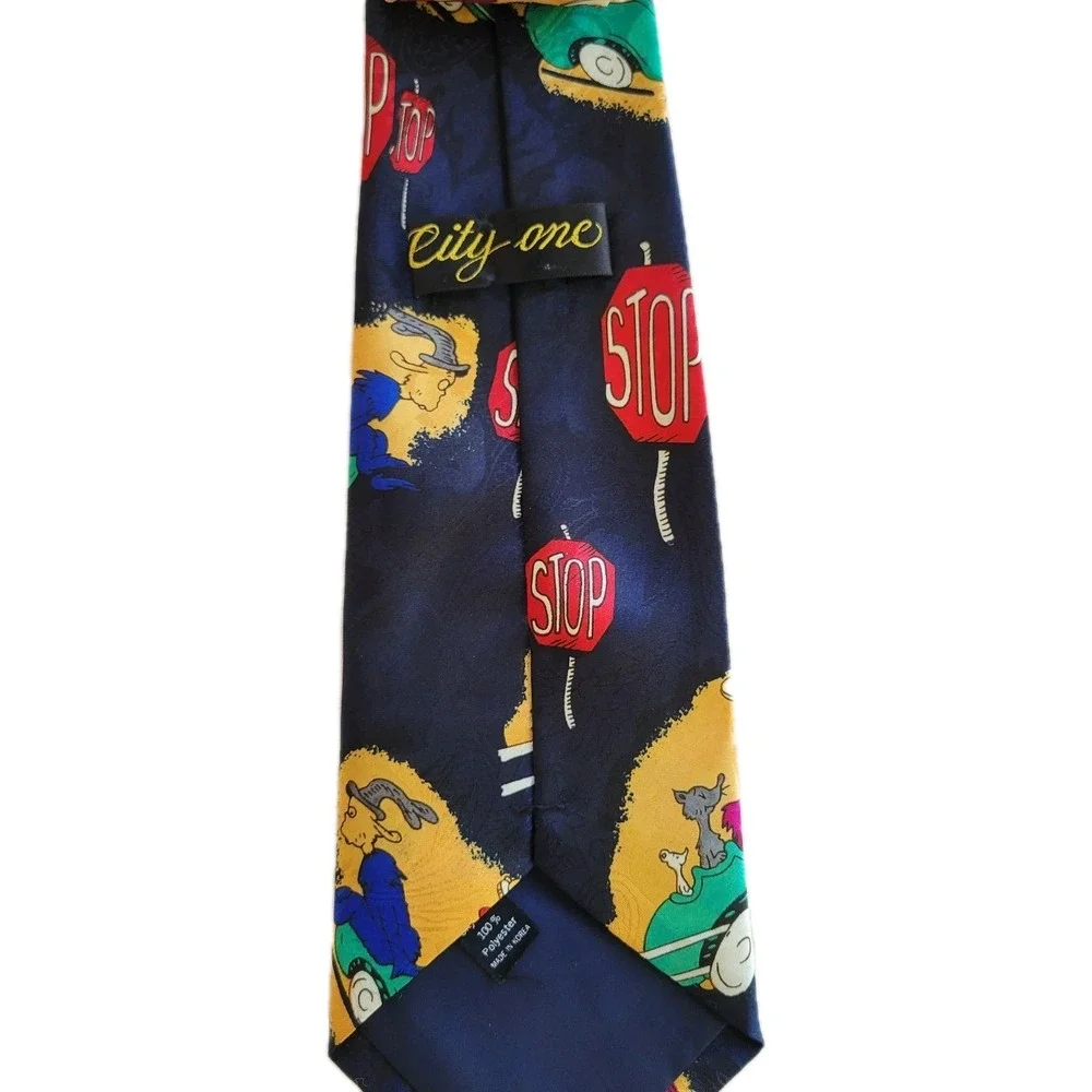 Vintage Dr. Seuss Novelty Necktie Cat in the Hat Driving Car STOP Sign Print